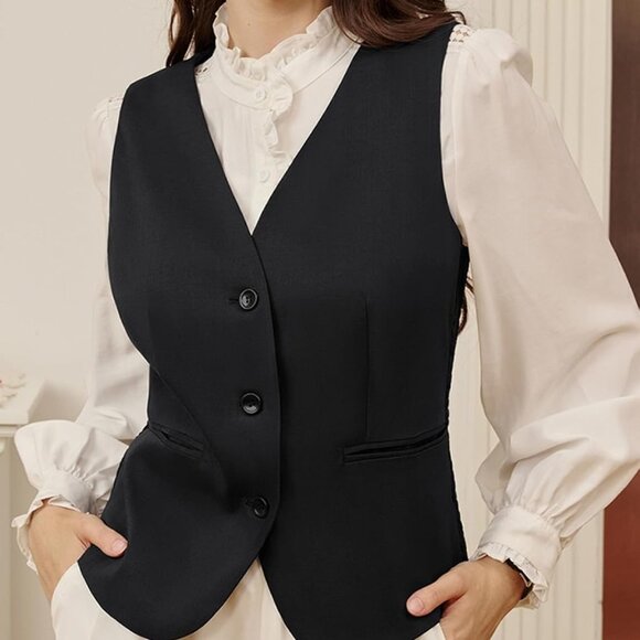 Women Suit Vest Dressy Button Down Waistcoat Pockets Business Casual - Picture 3 of 6
